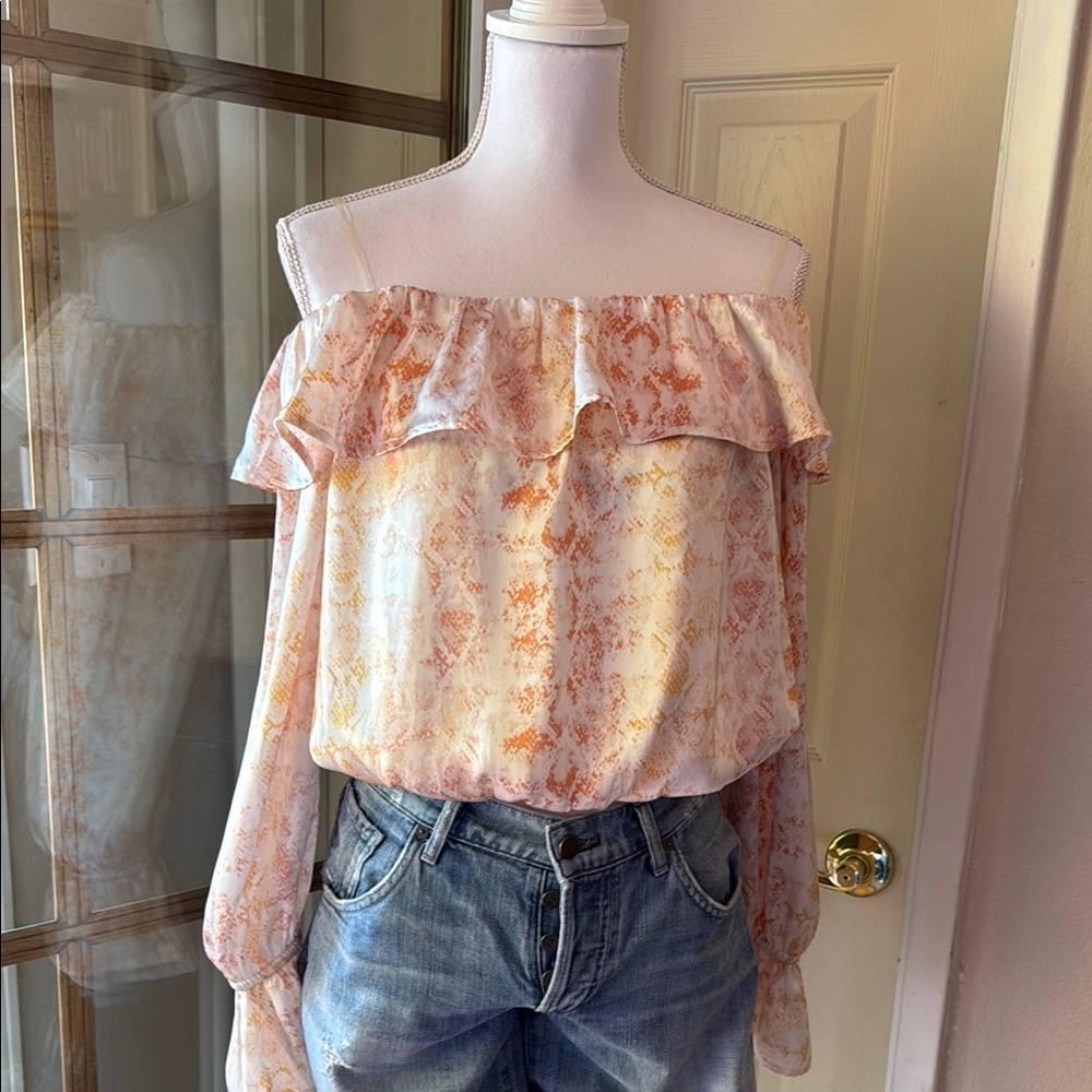 Savanna Jane Off-Shoulder Ruffle Blouse in Peach and Cream